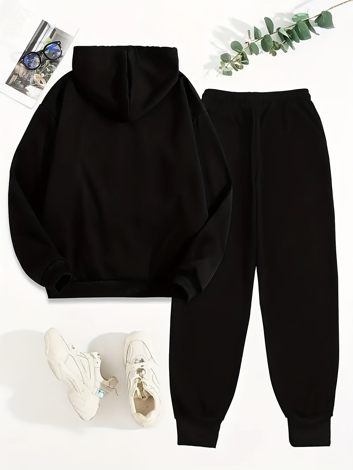 FLS1001WI4 Sweater Plus Velvet European and American Women's Autumn and Winter Women's Personality Print Casual Two-piece Hooded Women's Suit - Black