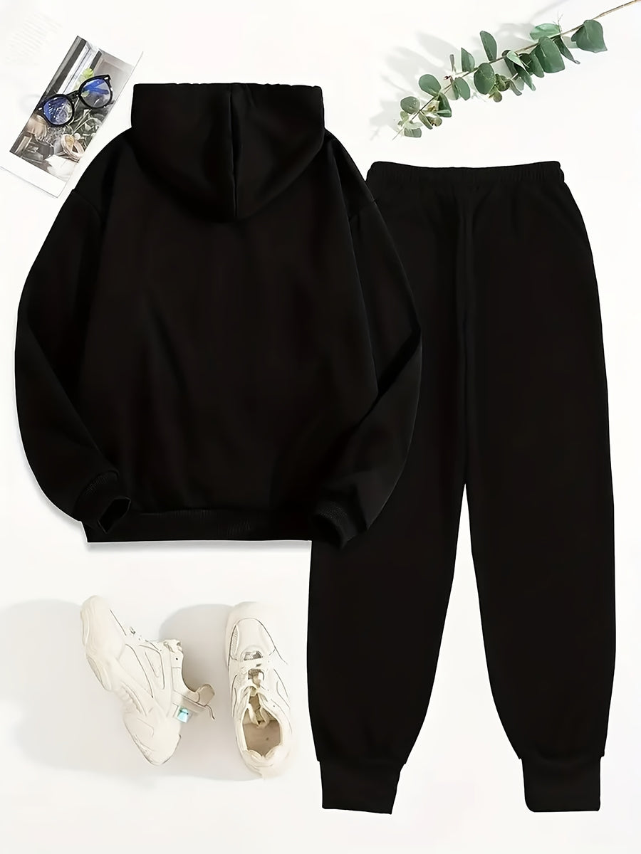 FLS1001WI4 Sweater Plus Velvet European and American Women's Autumn and Winter Women's Personality Print Casual Two-piece Hooded Women's Suit - Black