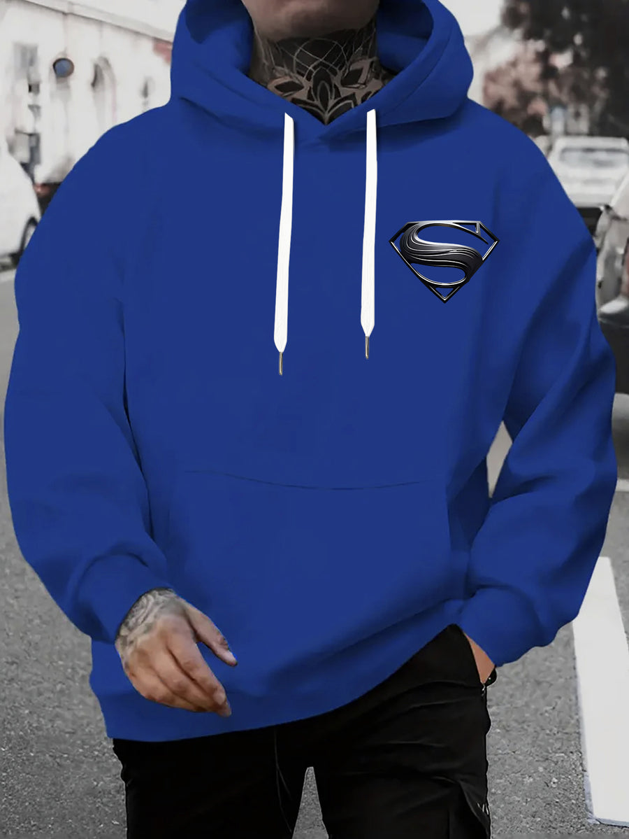 WB Warner Men'S New Trendy Hoodie, Superman Classic Logo Printed Design Hoodie, Daily Casual Drawstring Hoodie, Long Sleeve Hoodie, Machine Washable, Multifunctional Sports And Leisure Loose Fit Men'S Hoodie - Blue