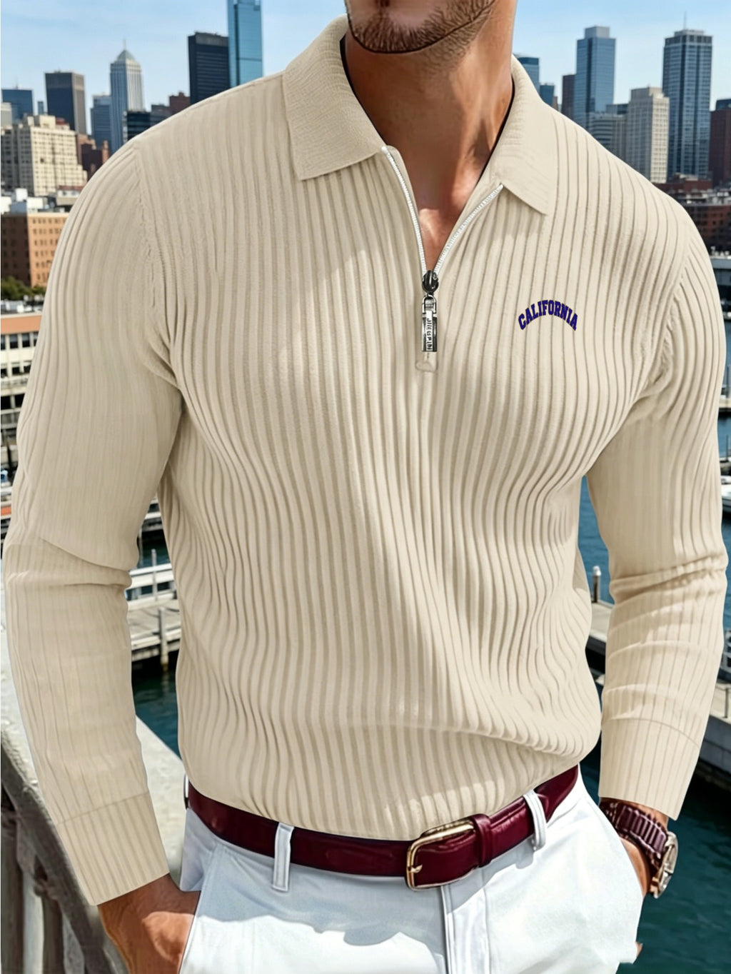 Autumn Men'S Ribbed Long Sleeve Polo Shirt Print Half-Zip Stand Collar Slim Fit Breathable T-Shirt - Khaki