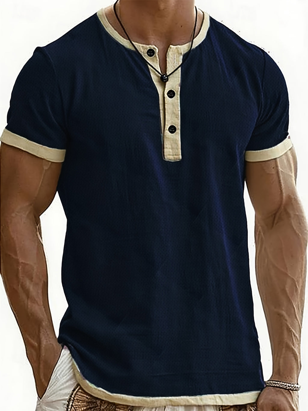 2pcs Men'S Henley Short-Sleeve T-Shirt, Slim-Fit Casual Top, Contrast Color Design, Ideal for Pool Parties, Beach Vacations, And As a Gift for Beachwear, Daily Commute, Casual, Lazy - Navy Blue+Pink