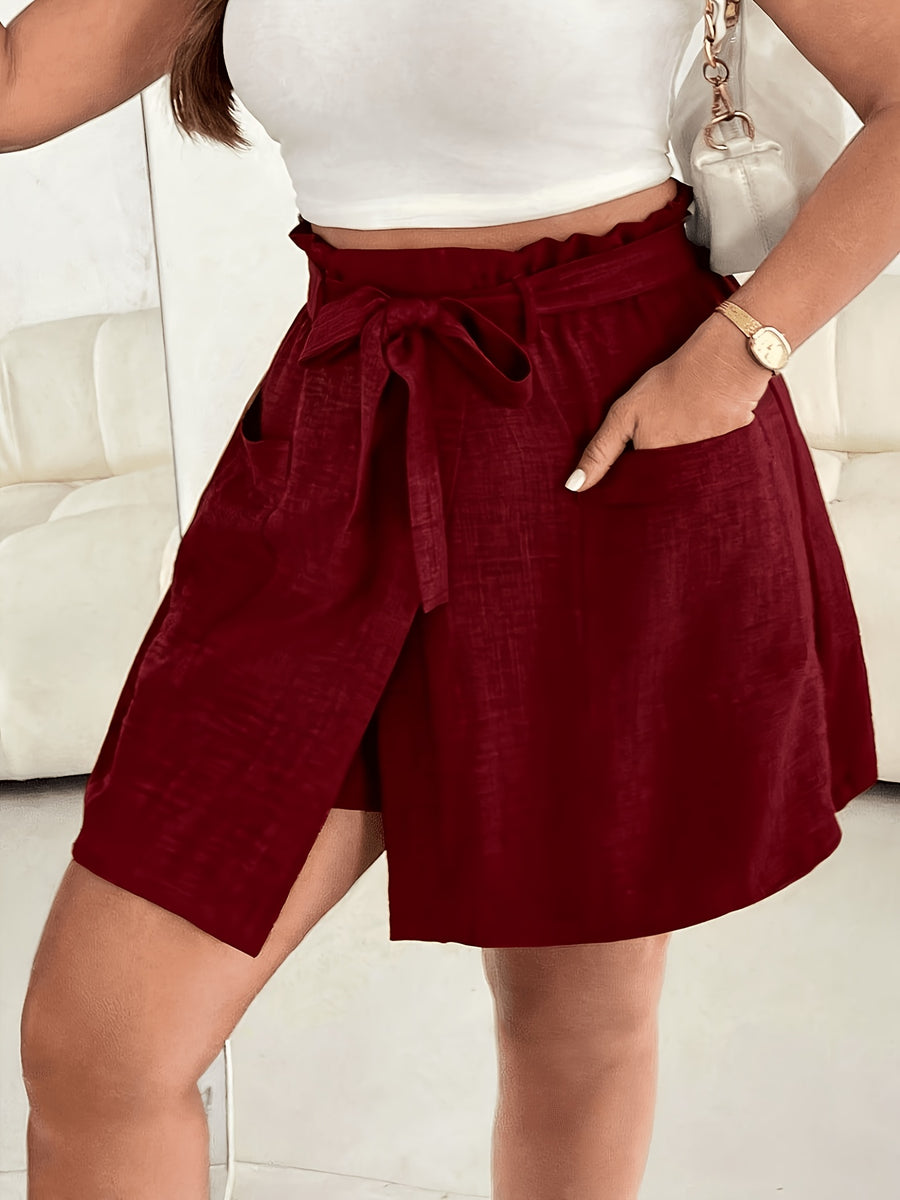 Vintage Bow-Knot Wide-Leg Pants Skirt - Short Tie-Strap Half-Skirt with Double Pocket, Bow Detail & Loose-Fit | Machine Washable Solid Color Suitable for Commuting, Office, Semi-Formal Wear - Summer Short Skirt Pants - Burgundy