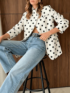 New Spring/Summer 2026 Fashionable Casual Stand Collar Polka Dot Print Irregular French-Style Vintage Blazer - White