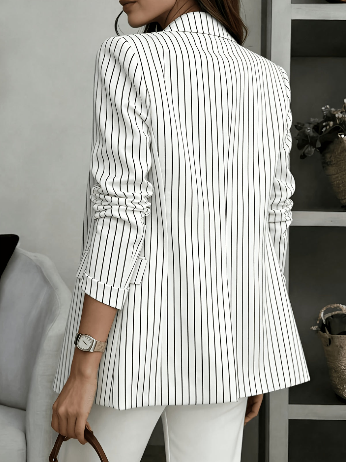 Women'S New Striped Printed Jacket, Single Button Lapel with Pocket And Lining, Fashionable Elegant Commuter Outerwear for Dates, Parties, Street Style, Casual Blazer for Spring And Autumn - White