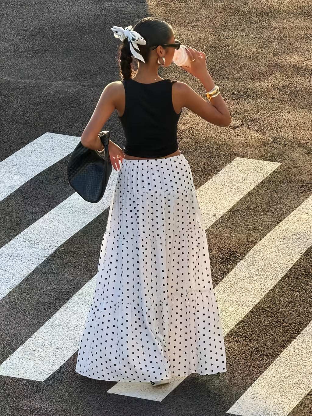 Women's Polka Dot Print Layered Long Skirt - Light White+Black Color