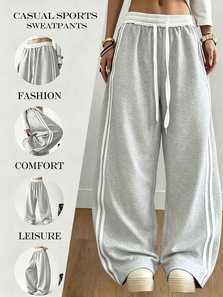 Street-style Color-block Striped Elastic Waistband Sweatpants, Loose-fitting, Figure-flattering, Drapey, and Relaxed-style Wide-leg Casual Trousers - Light Grey
