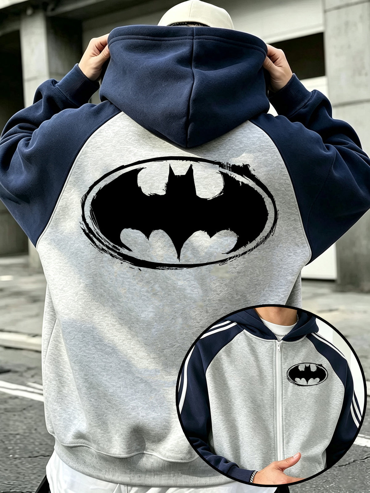 WB Warner Bros. Official License, Men'S Shoulder Sleeve Color-Block Hooded Zipper Cardigan Sweatshirt, Batman Distressed Graffiti Bat Logo Trendy Print Design, Autumn/Winter Loose Contrast Striped Athletic Hoodie - Gray And Navy Blue