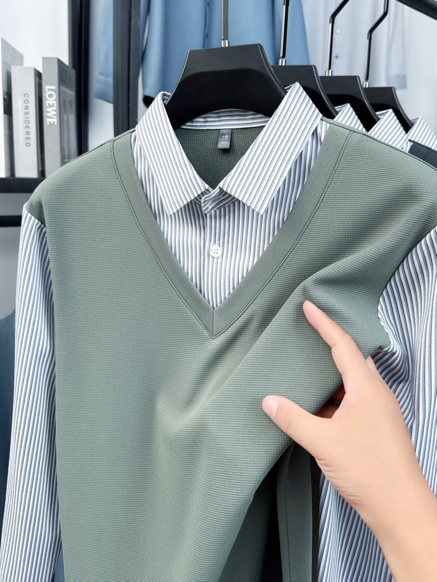 Men's Stretch 2-in-1 Look Polo Long Sleeve Shirt, Striped Shirt Collar Patchwork Polo Top, Smooth, Fine, and Skin-Friendly Fabric, Business Commute, Business Trip, and Travel Top, Loose and Casual Men's Clothing for Daily Wear and Home - Green