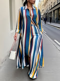 Plus Size Stripe Print Two-piece Set, Collared Button Front Long Sleeve Shirt & Wide Leg Pants Outfits, Women's Plus Size Clothing - Blue