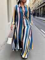Plus Size Stripe Print Two-piece Set, Collared Button Front Long Sleeve Shirt & Wide Leg Pants Outfits, Women's Plus Size Clothing - Blue