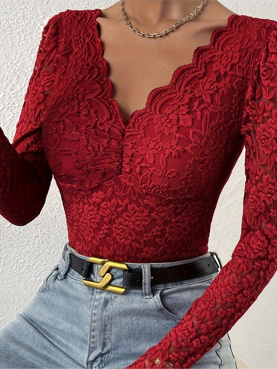 Sexy Spicy Style Deep-V Backless Lace Rose Printed Sheer Skinny Long Sleeve Bodysuit - Burgundy