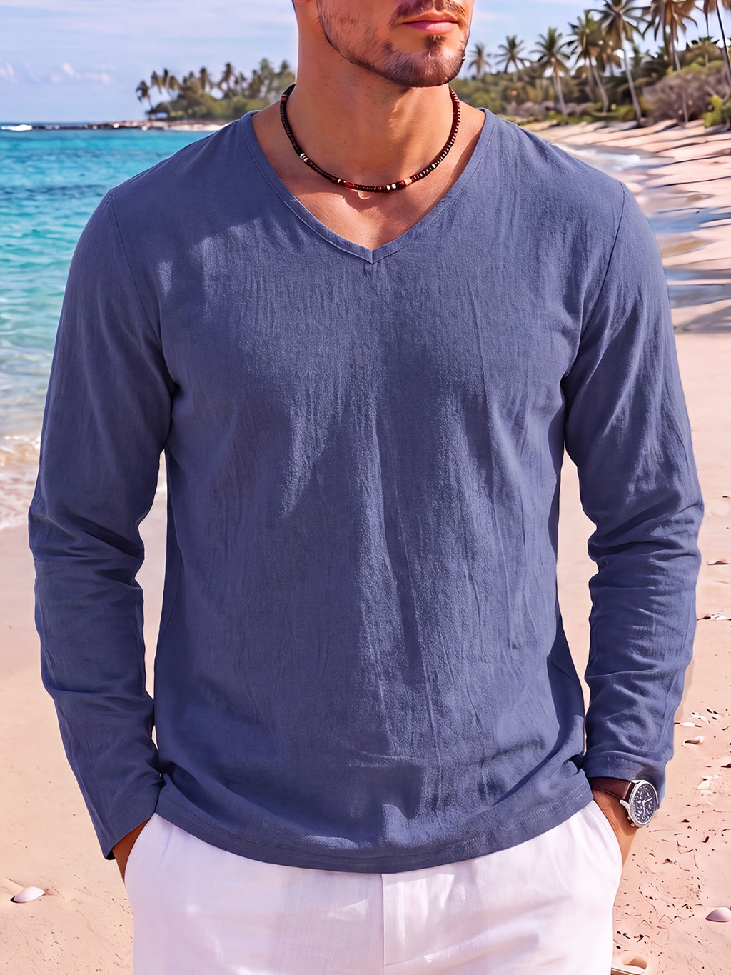 Men's 2pcs V-Neck Long Sleeve Linen T-Shirt, Breathable Loose Solid Color Top for Beach Outings and Daily Casual Wear - Navy Blue+Light Green