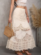 High-waisted Design Crochet Lace-up Hollow-out Skirt - Beige
