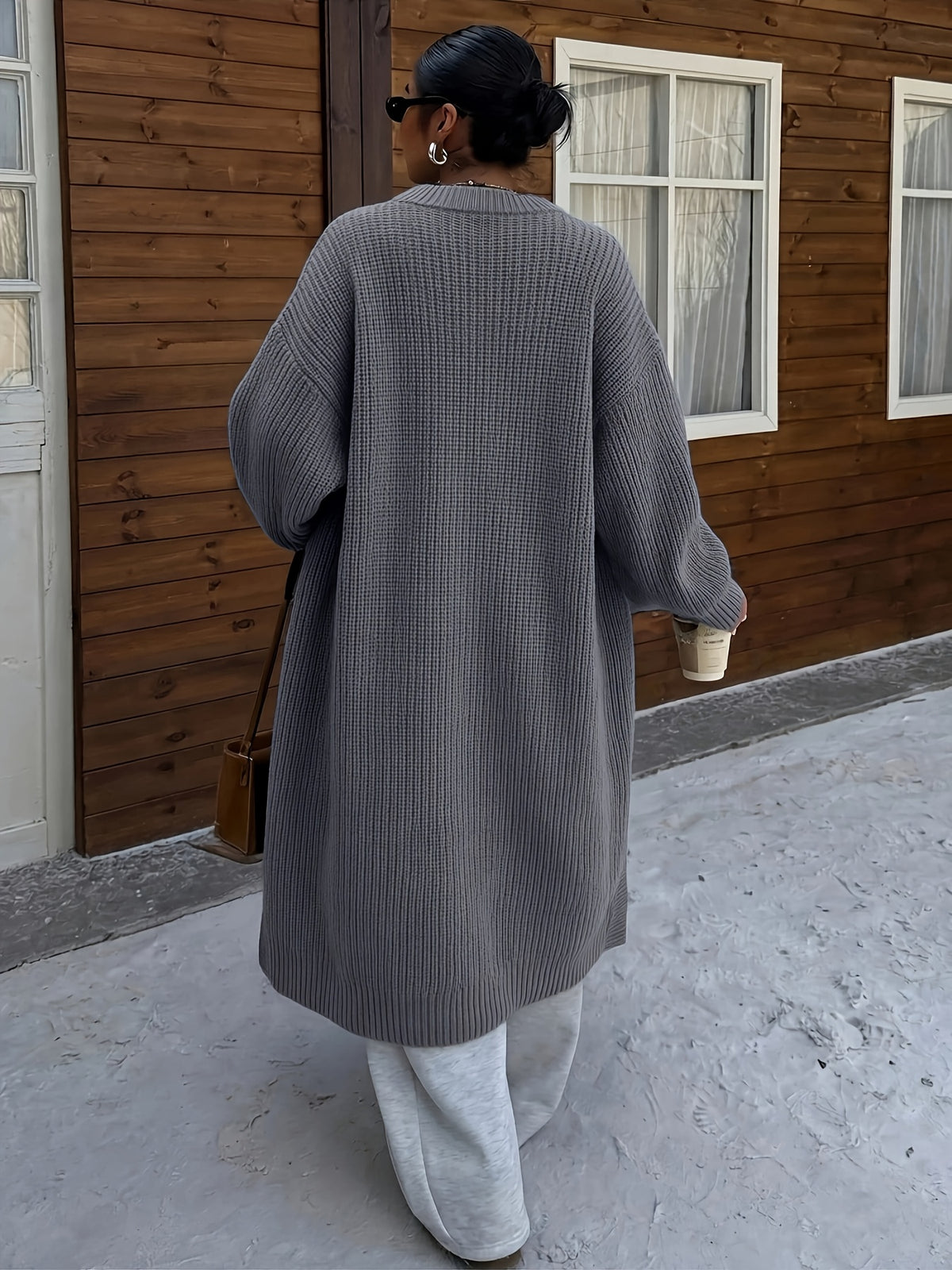 Plus Size Women'S Solid Casual Long Sleeve Off-Shoulder Long Autumn Winter Coat - Grey