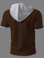 ROYALBOY Spring New Arrival: Hooded Short Sleeve with Dual-Color Waffle Knit Patchwork and Eyelet Drawstring Design. Versatile for Daily Wear, Fashionable Casual Style, Suitable for Gatherings and Parties. Machine Washable, Not Dry Cleanable - Coffee Color