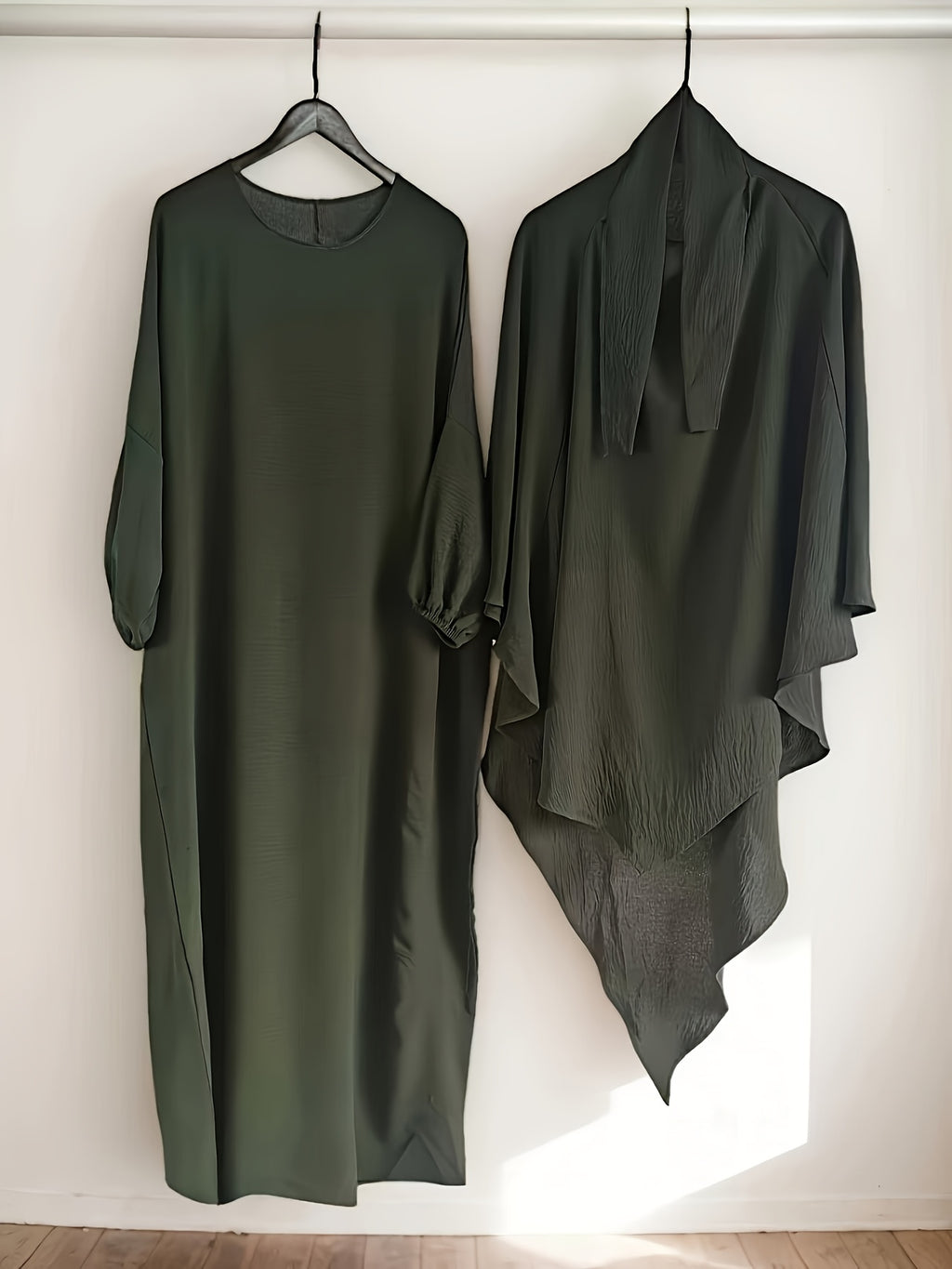 Two-Pieces Set (Khimar And Abaya) Prayer Jilbab Outfit for Muslim Women, Stylish And Elegant, Features a Solid Color, Easy Single-Layer Headscarf Khimar. Ideal for Everyday Wear, Festivals, Gatherings, And Outdoor Events. Women'S Islamic - Olive Green