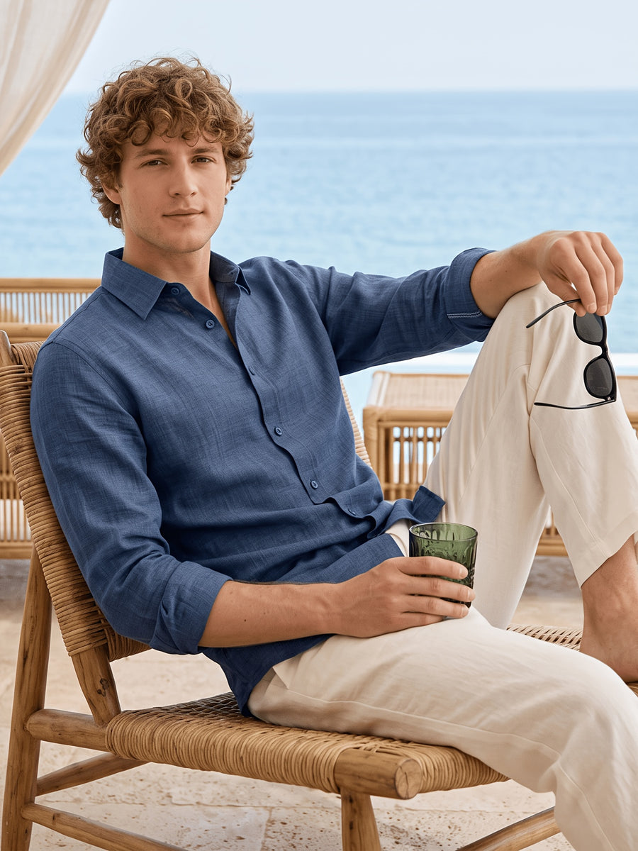 Men'S Anti-Moth Long-Sleeved Square-Neck Shirt, Lightweight And Breathable Solid Color Business-Casual Shirt, Loose-Fitting All-Match Basic Shirt for Spring And Summer Commuting And Vacation. Available in Multiple Colors - Navy Color