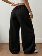 Plus Size, Plus Size Women's High-Waisted Wide-Leg Sweatpants - Elastic Waist Straight-Leg Pants with Smock/Pocket Style, Smock/Pocket Detailing & Vertical Pleats, Loose-Fit for,, Casual Wear, Machine Washable (Multiple Sizes Available) - Black