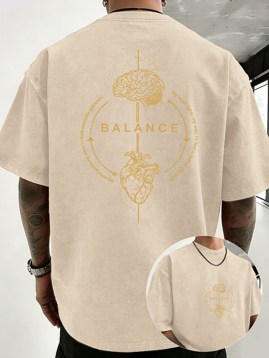 Men's 100% Cotton Washed Distressed Crew Neck Short-Sleeve T-Shirt, Balance Brain Heart Graphic Double-Sided Print, Trendy Loose Casual Tee Tops, 12 Colors Available - Apricot