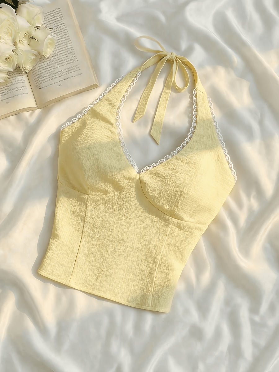 Women'S Solid Color Backless Lace-Up Slim-Fit Versatile Casual Top, Suitable for Summer, Vacation, Retro, Country Style, Going Out, Picnic And Other Occasions, Cute Yellow Top - Yellow
