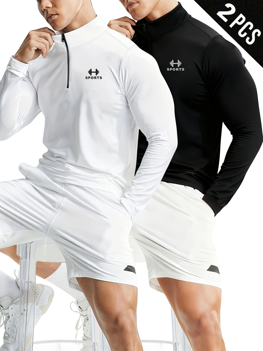 2pcs Set Men'S Casual Athletic Long Sleeve, Casual Athletic Top, Men'S Slim Fit Athletic Polo Shirt, Men'S Stand-Up Collar Polo Shirt, Fashionable And Versatile, Slim Fit, Half-Zipper Stand-Up Collar Design Detail, Suitable for Jogging, Cycling - Black+White