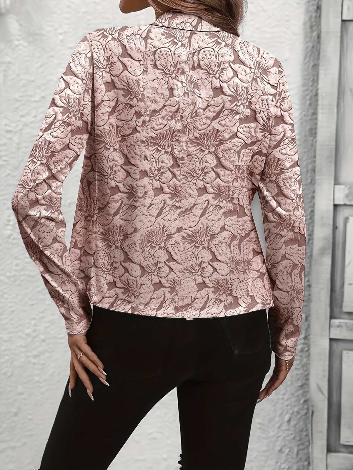 Vintage Print Casual Long-Sleeve Open-Front Blazer - Pale Pinkish Gray