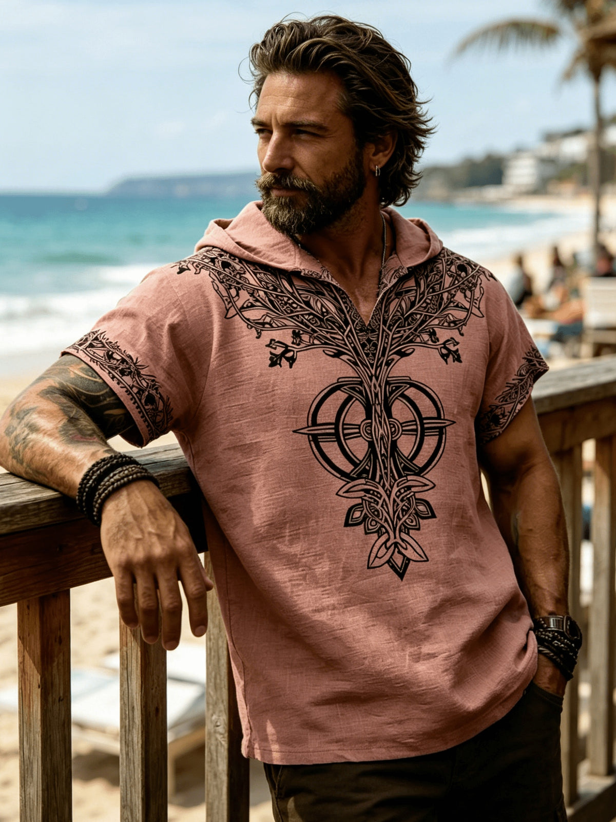 Western Retro Men'S Hooded Short Sleeve Shirt Thin Breathable Totem Print Half-Button Loose Casual Beach Vacation Men'S Clothing - Pink Color