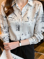 Women'S Stylish Printed Long-Sleeve Collared Shirt - Mixed colors