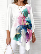 Casual Loose-Fit Shirting Top | Autumn-Winter Collection, Crew Neck, Print Pattern - White