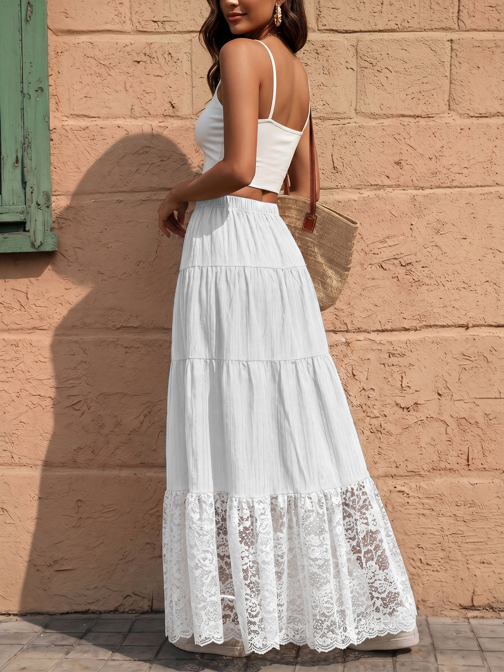 Spring/Summer Solid-Color Drawstring-Detail Cake-Style Long Skirt with Lace Panel Design Perfect for Vacations Casual Wear and Commuting - White