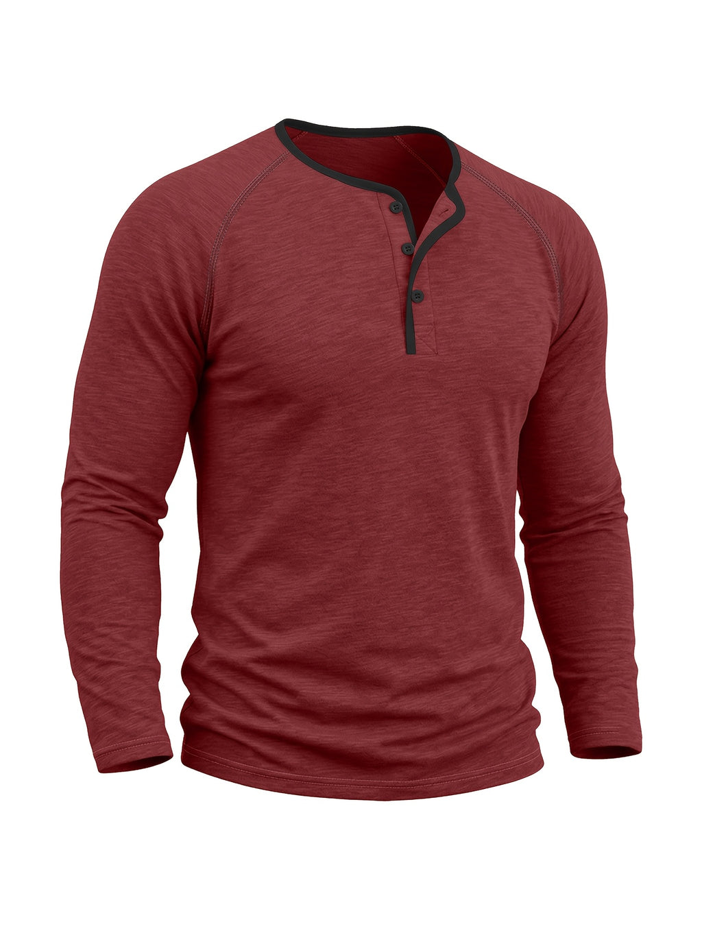 Autumn/Winter Cross-Border Men's Long Sleeve Crew Neck Henley Shirt, European and American Style Men's Pullover Base Layer T-Shirt - Red