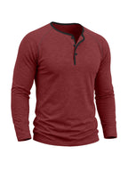 Autumn/Winter Cross-Border Men's Long Sleeve Crew Neck Henley Shirt, European and American Style Men's Pullover Base Layer T-Shirt - Red