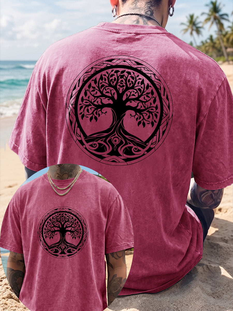 Short Sleeve T-Shirt Men'S Loose Washed Distressed Tree of Life Round Totem Trendy Double-Sided Print 12 Colors Random Match American Street High Street Hip-Hop Top Casual Outing Commuting Sports Fitness Couple Style Statement Y2K National Trend Sho - Rose Red