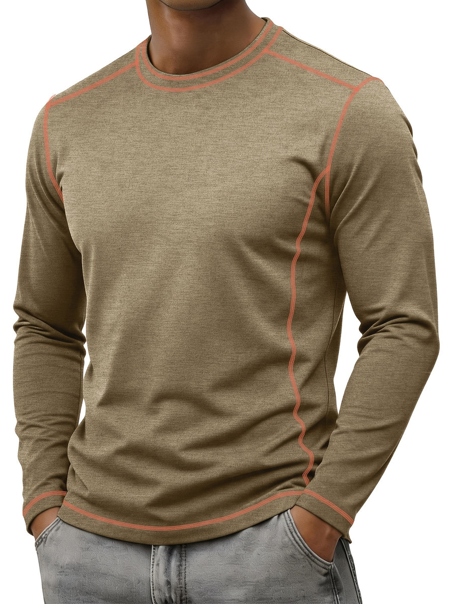 Men's Retro Patchwork T-Shirt - Solid Color Base with Contrast Patch Suitable for Fall/Winter, Round Neck Long Sleeve Casual Layering Top, Machine Washable Blending Shirt for Outdoor & Casual Attire (Regular Fit) - Khaki