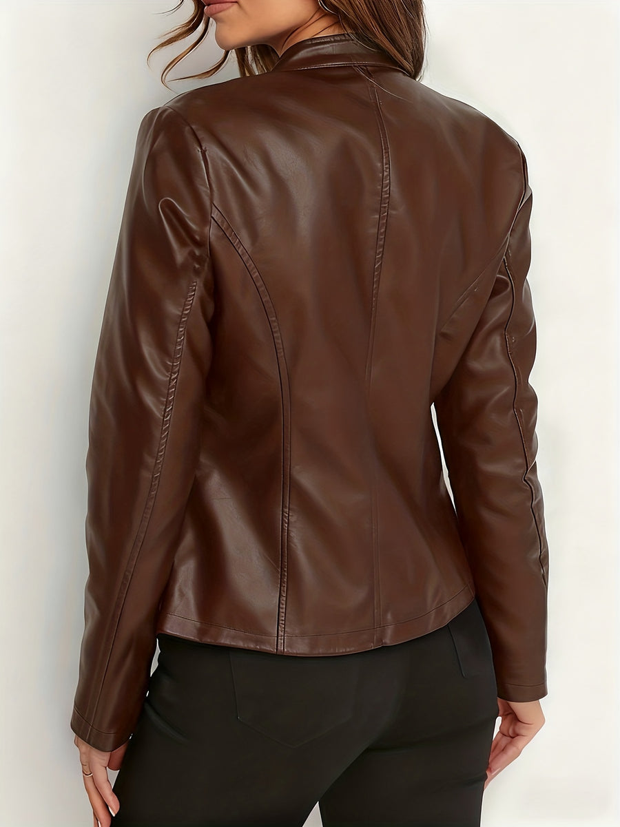 Women's Elegant PU Jacket - 2025 New Style Women's Jacket Outerwear - Full Zip Long Sleeve Motorcycle Biker Jacket for Women, Spring, Autumn, Winter Outerwear, Suitable for Casual and Formal Wear, Durable, Structured Fit, Stand Collar - Coffee Color