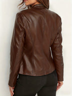 Women's Elegant PU Jacket - 2025 New Style Women's Jacket Outerwear - Full Zip Long Sleeve Motorcycle Biker Jacket for Women, Spring, Autumn, Winter Outerwear, Suitable for Casual and Formal Wear, Durable, Structured Fit, Stand Collar - Coffee Color