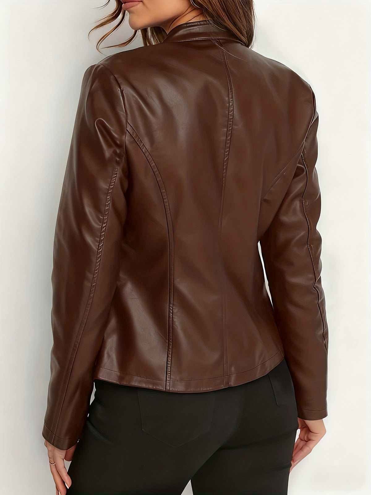 Women's Elegant PU Jacket - 2025 New Style Women's Jacket Outerwear - Full Zip Long Sleeve Motorcycle Biker Jacket for Women, Spring, Autumn, Winter Outerwear, Suitable for Casual and Formal Wear, Durable, Structured Fit, Stand Collar - Coffee Color