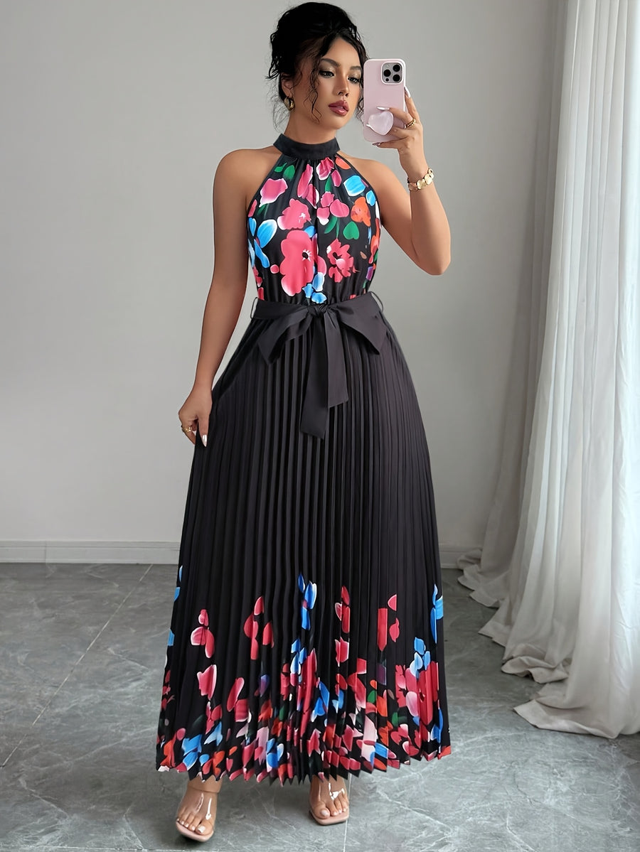Fashionable New Women'S Summer Halter Floral Print Pleated Dress - Black