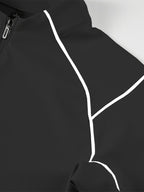 Single Pc Men'S Multi-Color Elastic Sports Fabric Long Sleeve Shirt, Half-Zipper Stand Collar, Contrast Line Decoration, Drop Shoulder Structure, Easy Techwear Style, Spring/Autumn Fit Waist-Cinching Shape - Obsidian Black