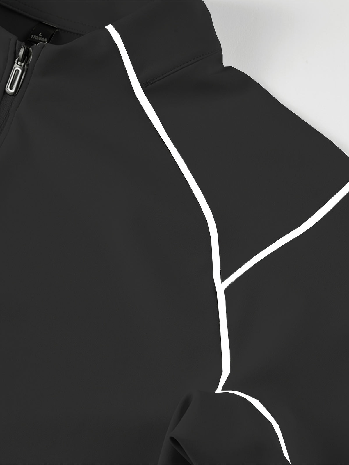 Single Pc Men'S Multi-Color Elastic Sports Fabric Long Sleeve Shirt, Half-Zipper Stand Collar, Contrast Line Decoration, Drop Shoulder Structure, Easy Techwear Style, Spring/Autumn Fit Waist-Cinching Shape - Obsidian Black