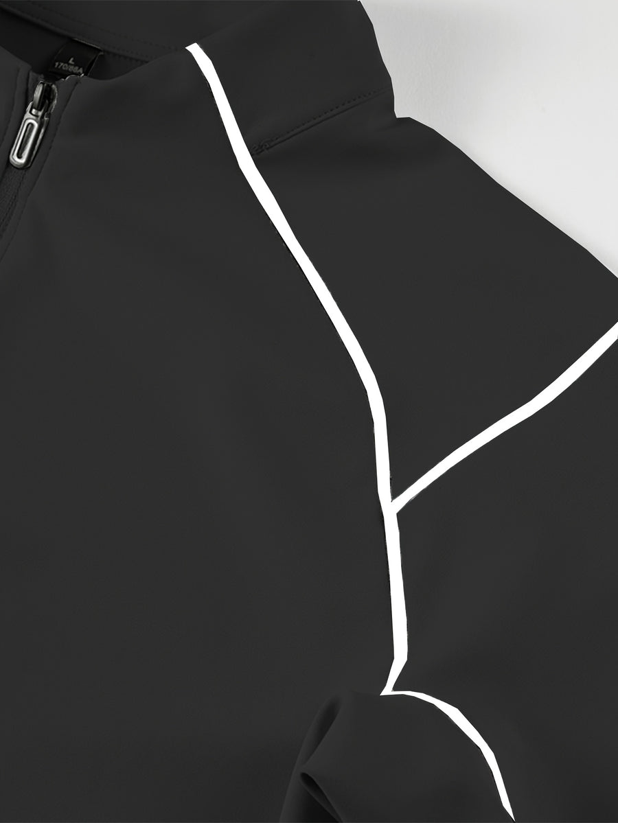 Single Pc Men'S Multi-Color Elastic Sports Fabric Long Sleeve Shirt, Half-Zipper Stand Collar, Contrast Line Decoration, Drop Shoulder Structure, Easy Techwear Style, Spring/Autumn Fit Waist-Cinching Shape - Obsidian Black