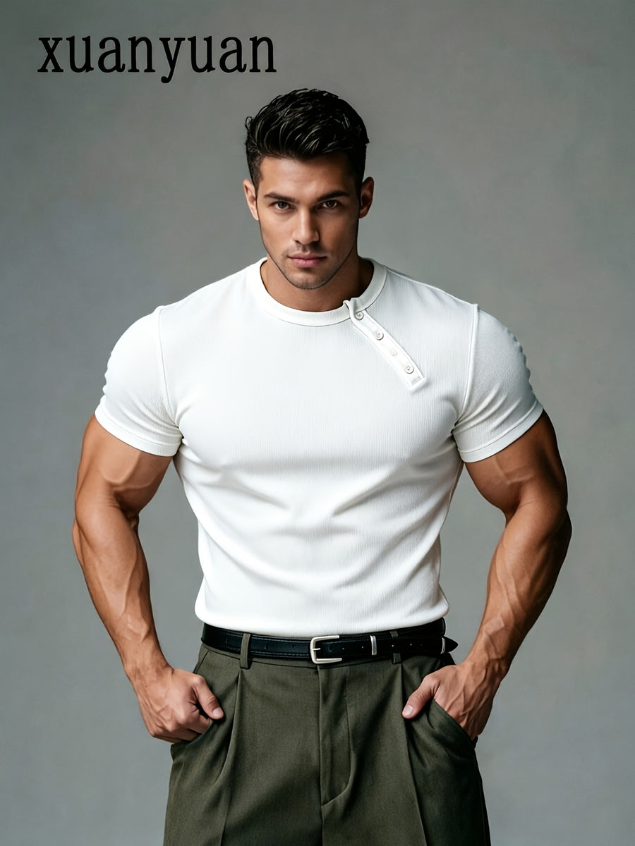 [Shule Water OBM] Men'S Ribbed Henley T-Shirt, Short Sleeve Slim Fit Base Layer Top, Textured Street Style Shirt, Fitness Commute Versatile Style, 2026 Summer New - White