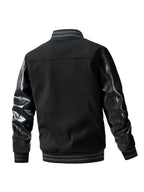 Men'S Winter Jacket, Trendy American Baseball Coat for Autumn And Winter, Casual Embroidered Plus-Size Outerwear with PU Sleeves, Windproof Men'S Jacket - Black