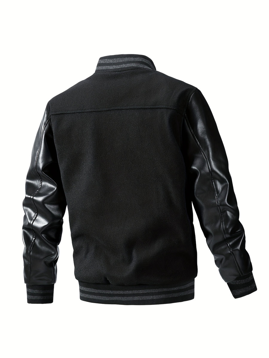 Men'S Winter Jacket, Trendy American Baseball Coat for Autumn And Winter, Casual Embroidered Plus-Size Outerwear with PU Sleeves, Windproof Men'S Jacket - Black