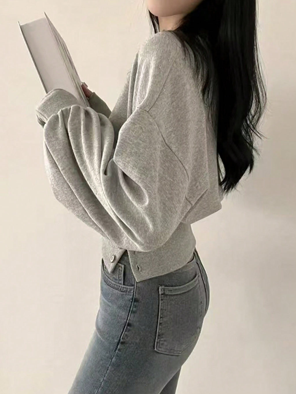 Autumn/Winter Solid Color Drop-Shoulder Long-Sleeve Button-Waist Casual Sweatshirt, Fall/Winter Graduation Wear, Back-to- Wear - Grey