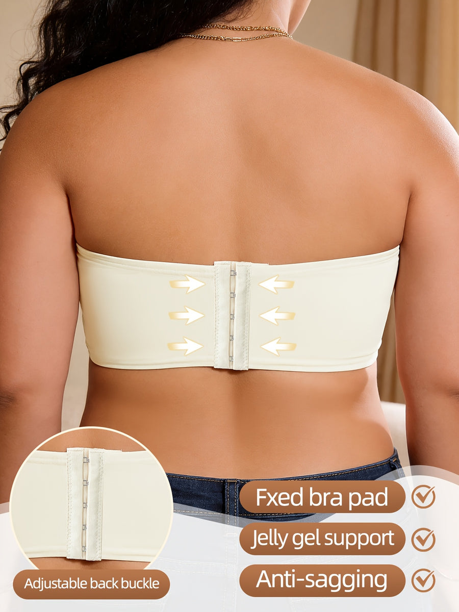 1pc Plus Size Anti-Slip Bandeau Bra Without Straps, Built-In Silicone Anti-Slip Strip Prevents Slipping, Adjustable Back with Multiple Hooks, Seamless And Wire-Free Gathering Support, Suitable for Wedding Cami Dresses - White