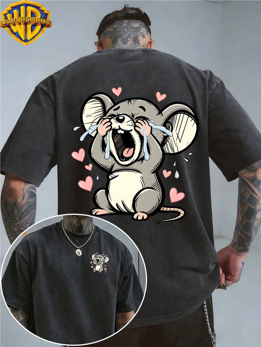 Warner Bros. Officially Authorizes Crying on the Floor with Floating Love Print  Washed Outdated Short Sleeve T-shirt for Men and Women, Machine Washable Daily Commuter Outdoor Sports and Leisure Top - Black