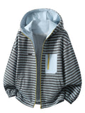 Vintage Striped Autumn Men's Hooded Jacket Heavyweight Ribbed Texture Baseball Jacket Top - Blue