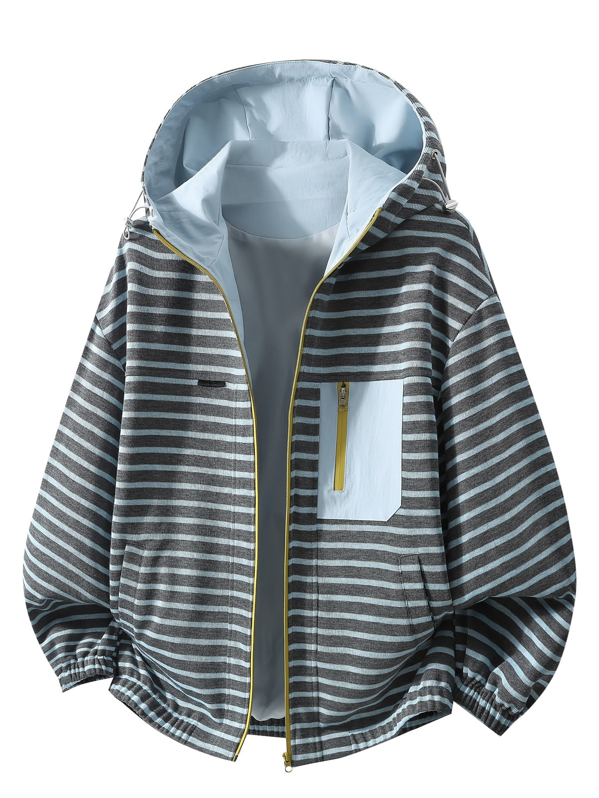Vintage Striped Autumn Men's Hooded Jacket Heavyweight Ribbed Texture Baseball Jacket Top - Blue