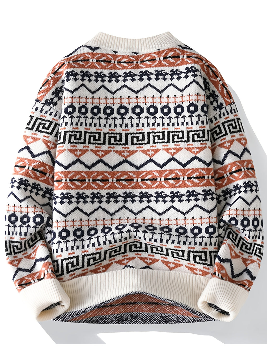 Autumn/Winter Men's Vintage Jacquard Knit Sweater with Ethnic Style Geometric Rhombus Pattern, Crew Neck Pullover, Casual and Trendy Regular Fit for Daily Outerwear or Base Layer - Off-white